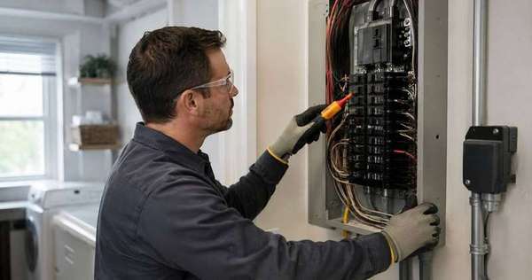 Licensed electrician performing residential electrical service work